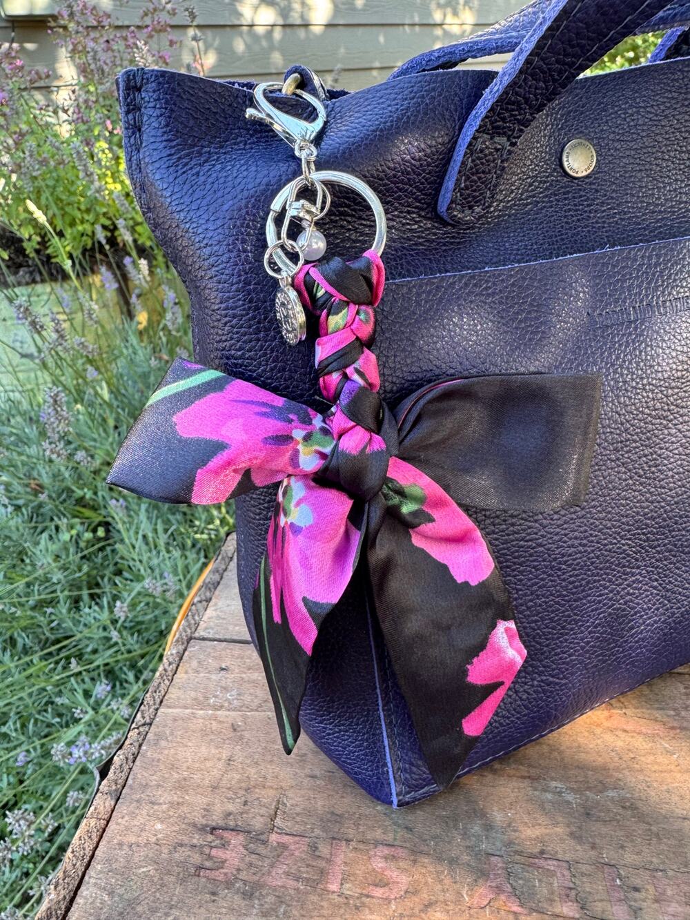 Satin Black Pink Floral Print Bow Bag Charm Floral Purse Charm